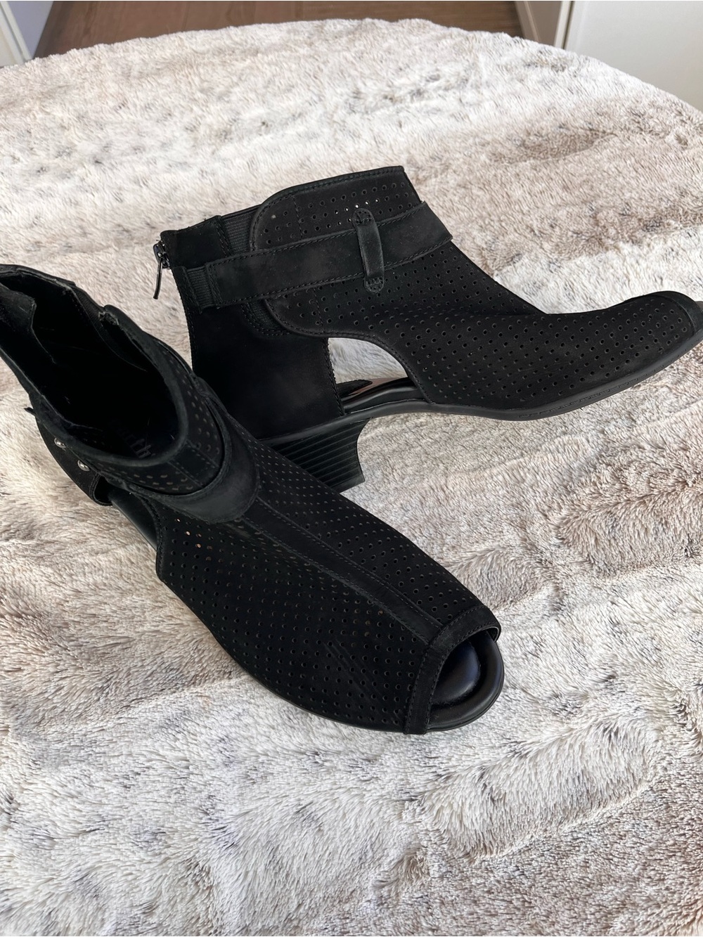 Earth Black Perforated Suede Peep-Toe Ankle Mules